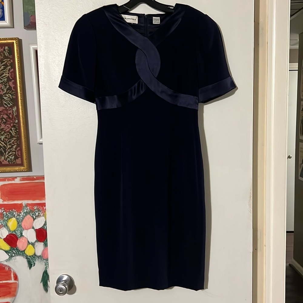 Nipon boutique navy matte and satin blue short sleeve cocktail dress